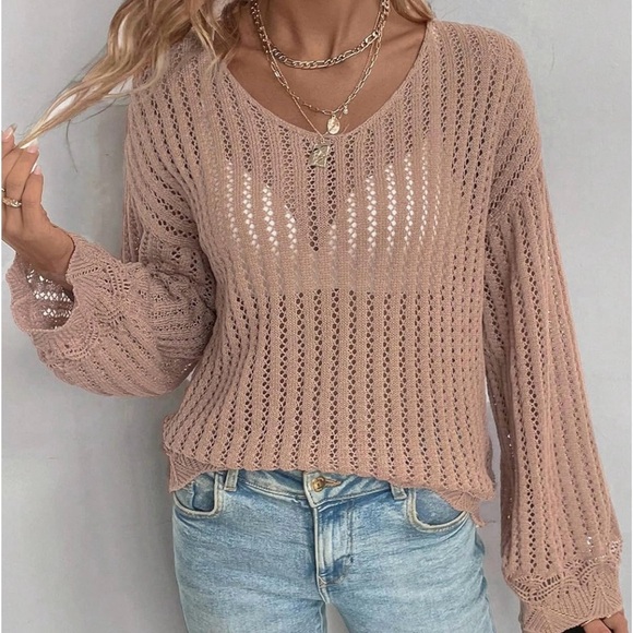 Sheer Open Knit Detail Hem Long Sleeve Lightweight Sweater/Top - Picture 4 of 6